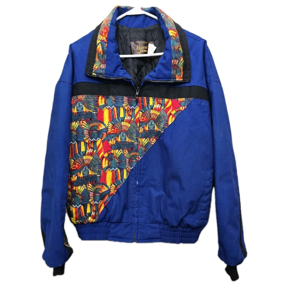 Vintage Davis James Mens Blue Southwestern Graphic Bomber Jacket Large Made USA